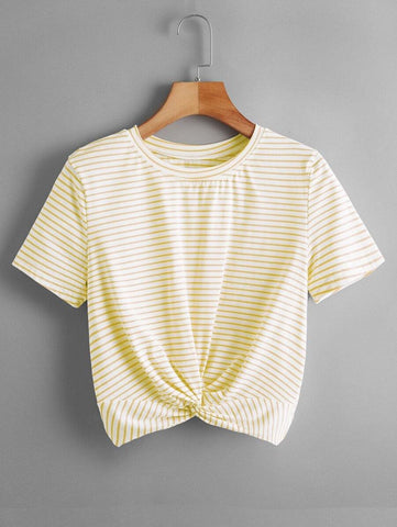 Striped Twist Hem Round Neck Tee - takostyle