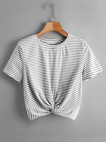 Striped Twist Hem Round Neck Tee - takostyle
