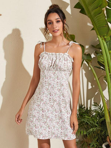 Frill Trim Knot Shoulder Ruched Bust Ditsy Floral Sundress
