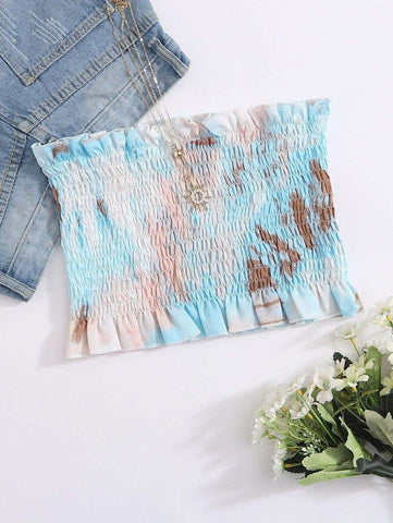 Frill Trim Tie Dye Shirred Tube Top - takostyle