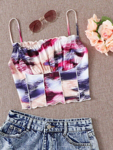 Frill Trim Ruched Bust Paneled Tie Dye Cami Top - takostyle