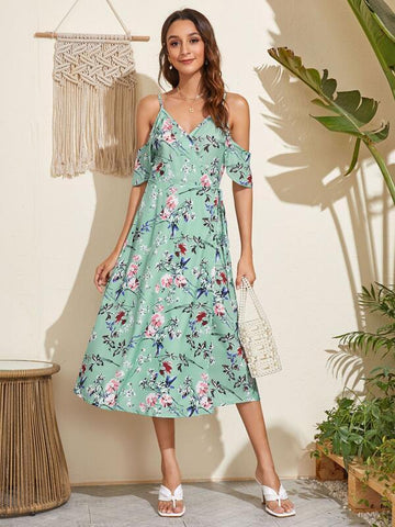 Cold Shoulder Wrap Tie Side Floral Dress - takostyle