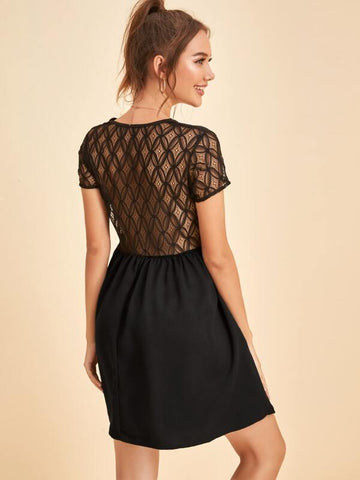 Sheer Lace Back Solid Dress - takostyle
