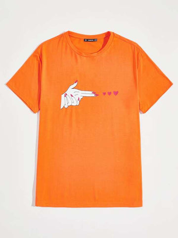 Men Neon Orange Hand Print Tee