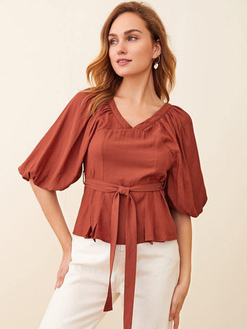 Tie Back Bishop Sleeve Belted Top - takostyle