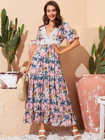 Plunging Neck Floral &amp; Palm Tree Print Lace Panel Dress - takostyle