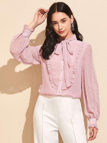 Tie Neck Frill Trim Swiss Dot Blouse - takostyle