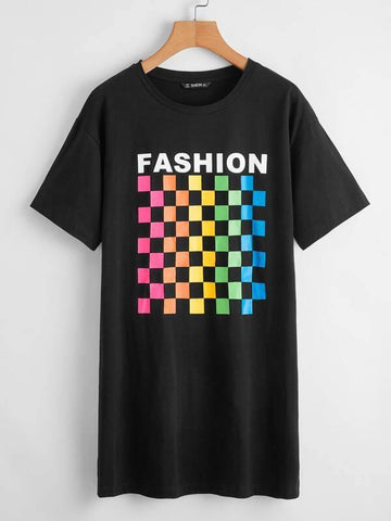 Checkered Panel Letter Graphic Tee Dress - takostyle