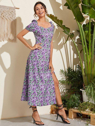 Sweetheart Neck Slit Thigh Floral Dress - takostyle