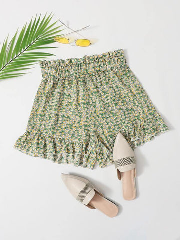 Paperbag Waist Ruffle Hem Ditsy Floral Shorts - takostyle
