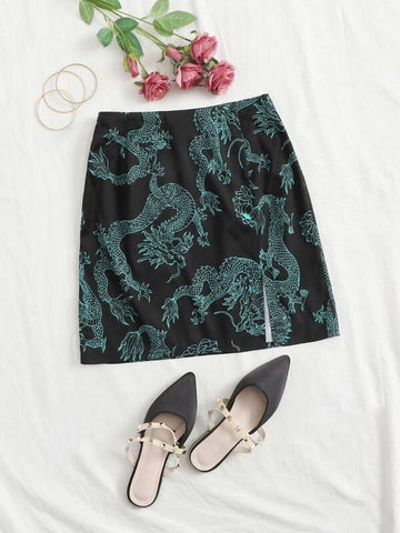 Split Hem Dragon Print Skirt - takostyle