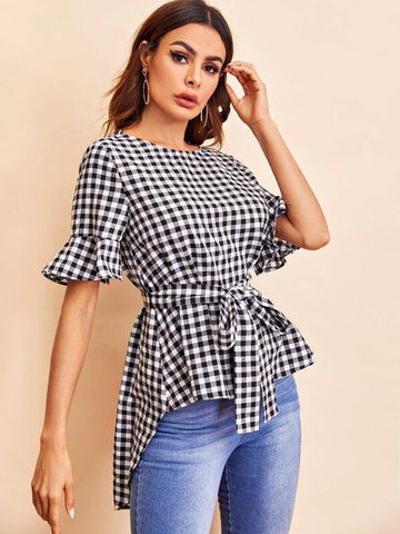Buffalo Plaid Flounce Sleeve High Low Hem Belted Top - takostyle