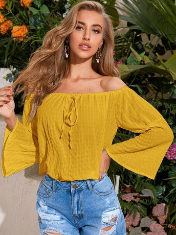 Tie Front Bell Sleeve Bardot Top - takostyle