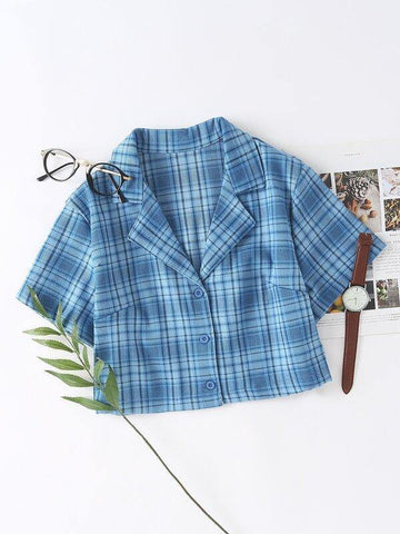 Lapel Neck Tartan Blouse - takostyle