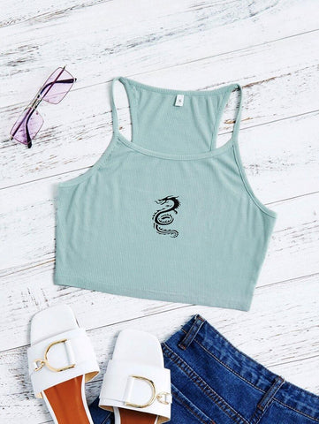 Dragon Print Rib-knit Halter Top - takostyle
