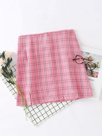 Tartan Plaid Slit Hem Skirt - takostyle