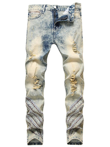 Men Ripped Embroidery Skinny Jeans