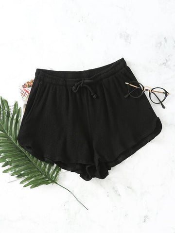 Tie Front Rib-knit Solid Shorts - takostyle