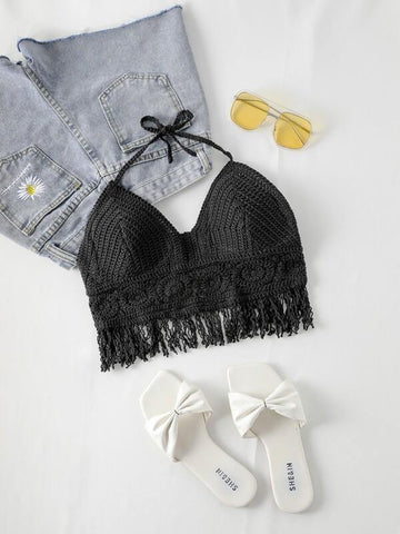 Crochet Fringe Trim Tie Back Halter Top - takostyle