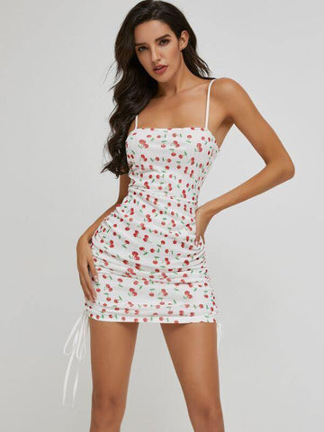 SBetro Drawstring Ruched Cherry Print Dress - takostyle