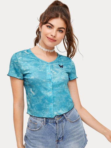 Butterfly Embroidery Snap Button Front Tie Dye Tee - takostyle