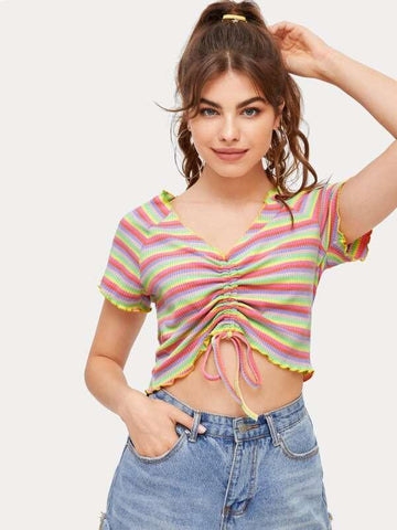 Drawstring Front Lettuce Trim Stripe Tee - takostyle