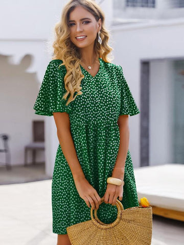 V-neck Ditsy Floral Smock Dress - takostyle