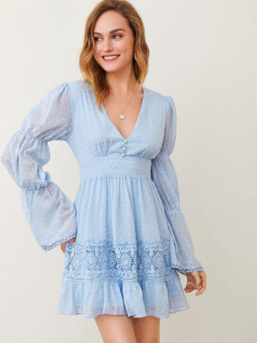 V-neck Gathered Sleeve Lace Insert Swiss Dot Chiffon Dress - takostyle