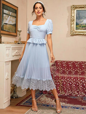 Ruched Front Ruffle Trim Pleated Eyelet Lace Hem Dress - takostyle