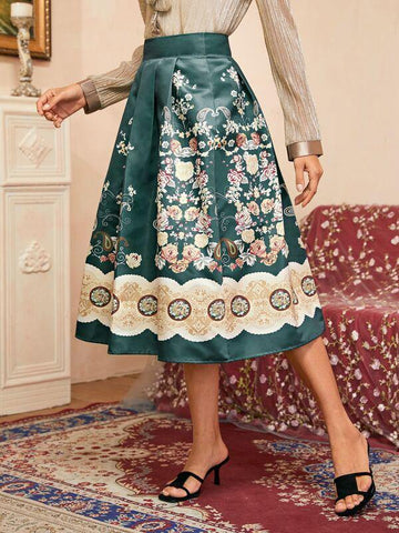 Fold Pleated Floral Print Satin Skirt - takostyle
