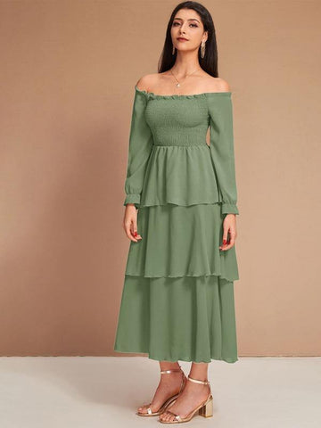 Off Shoulder Shirred Bodice Layered Hem Dress - takostyle