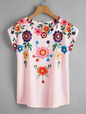 Floral Print Round Neck Tee - takostyle
