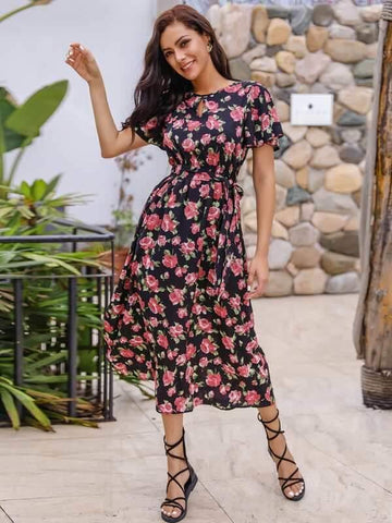 Floral Print Belted Longline Dress - takostyle