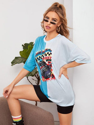 Two Tone Car & Letter Graphic Tee - takostyle