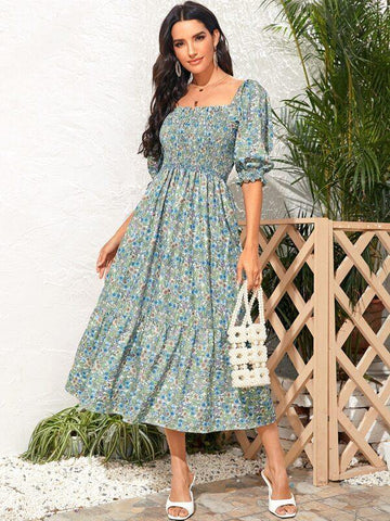 Ditsy Floral Shirred Bodice Dress - takostyle