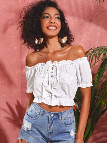 Off Shoulder Frill Trim Guipure Lace Insert Top - takostyle