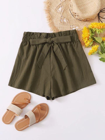 Knotted Paperbag Waist Solid Shorts - takostyle