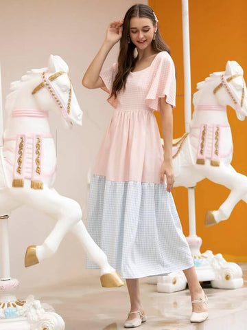 Gingham Print Butterfly Sleeve A-line Dress - takostyle