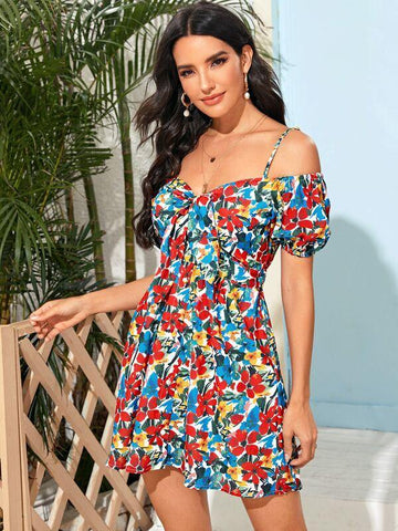 Floral Print Cold Shoulder Tie Front Dress - takostyle