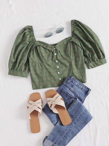 Button Front Plaid Print Bustier Blouse - takostyle