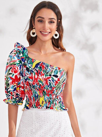 Tie Dye Shirred Ruffle One Shoulder Top - takostyle