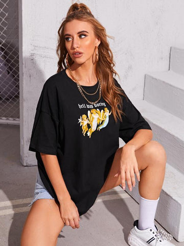 Angel And Slogan Graphic Tee - takostyle