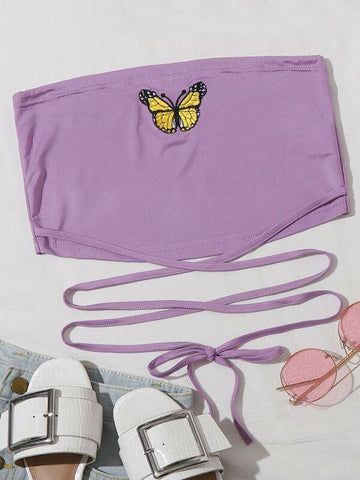 Butterfly Embroidery Criss Cross Tube Top - takostyle