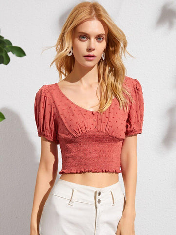 Button Front Puff Sleeve Shirred Hem Swiss Dot Top - takostyle