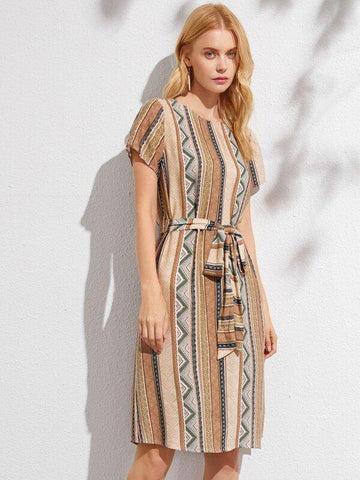 Geo Print Belted Tunic Dress - takostyle