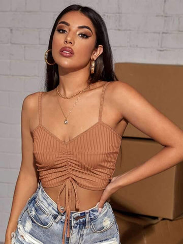 Solid Drawstring Ruched Cami Top - takostyle