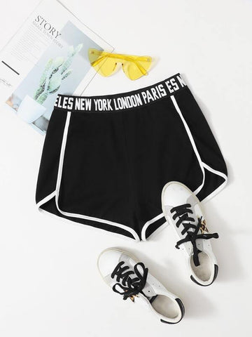 Letter Tape Waist Dolphin Shorts - takostyle