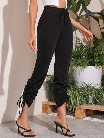 Drawstring Hem Solid Pants - takostyle
