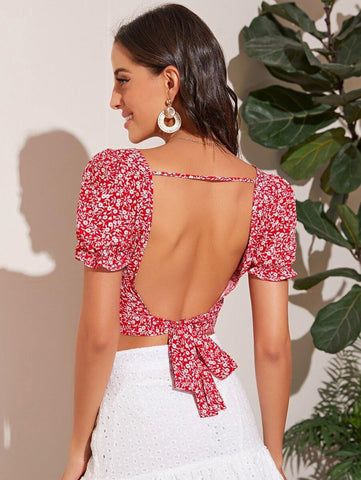 Tied Open Back Puff Sleeve Ditsy Floral Crop Top - takostyle