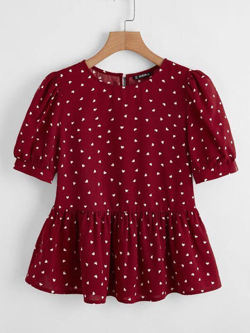 Heart Print Puff Sleeve Peplum Top - takostyle